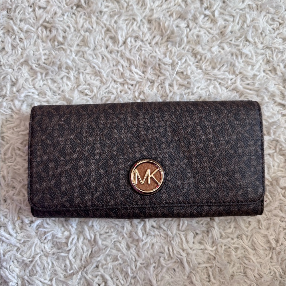 Michael Kors Brown Monogram Wallet with Gold Emblem